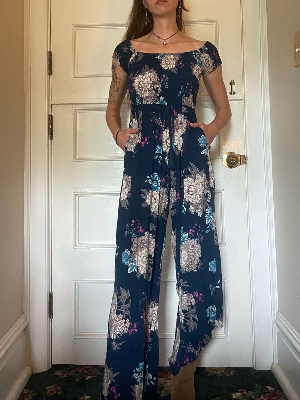 Women's Navy Floral Jumpsuit - Elegant Wide-Leg One-Piece